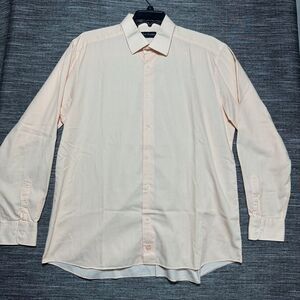 David Donahue Button Up Shirt Men's 17 Orange Striped Long Sleeve